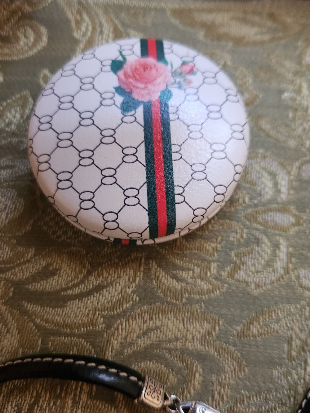 White Floral Compact Mirror with Pink Rose Accent